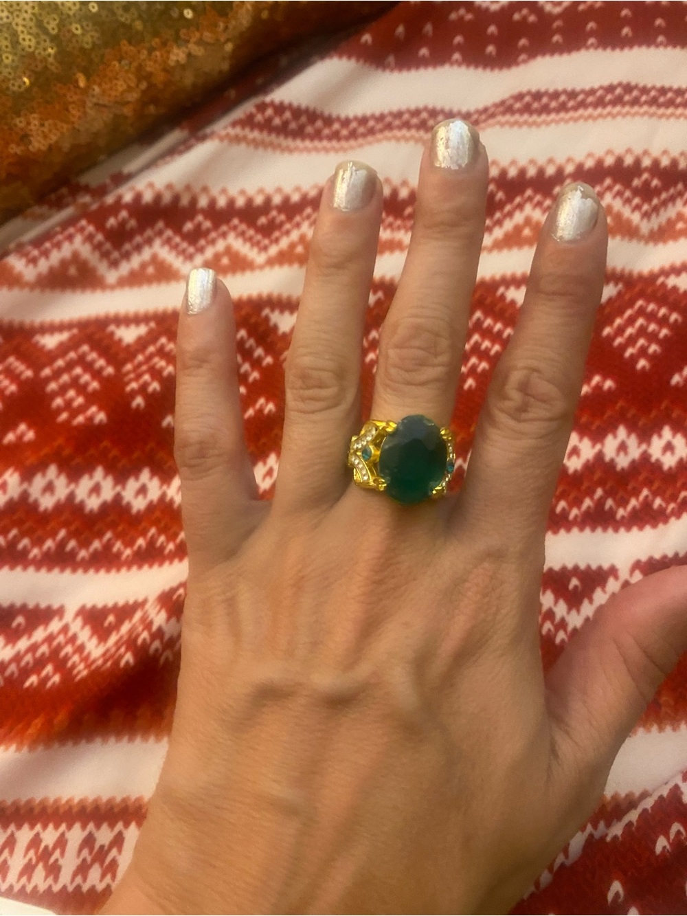 Gold-Plated Ring with Green Gemstone size 8 or 9